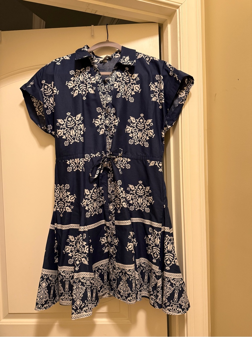 Petite Medium Navy Blue Printed Tie-Waist Dress